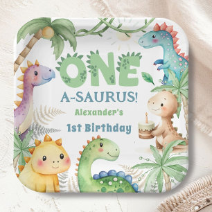 One A-Saurus Boy Dinosaur 1st Birthday Paper Plate