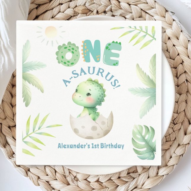 One A-Saurus Cute Dino Boy Dinosaur 1st Birthday Napkin (Creator Uploaded)