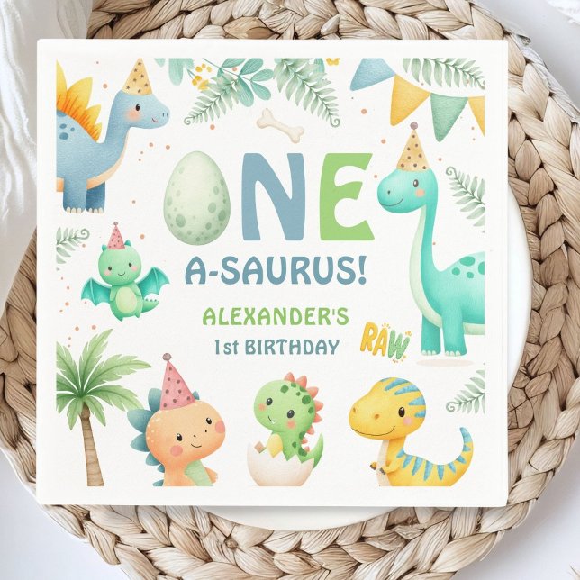 One A-Saurus Dinosaur 1st Birthday Boy Paper Napkin (Creator Uploaded)