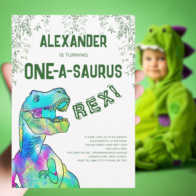 One-A-Saurus Dinosaur 1st Birthday Party Invitation (One-a-saurus Rex dinosaur 1st birthday party green invitation colorful T-Rex dino Jurassic jungle)