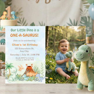One-A-Saurus Dinosaur 1st Birthday Photo Invitation