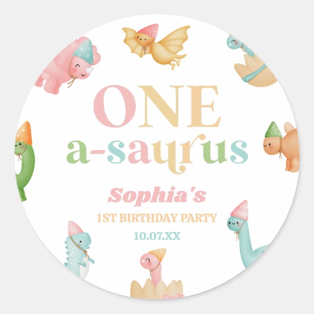 One A-Saurus Dinosaur 1st First Birthday Party Classic Round Sticker (Front)
