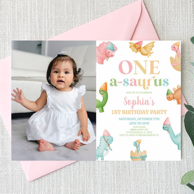 One A-Saurus Dinosaur 1st First Birthday Party Invitation (Creator Uploaded)