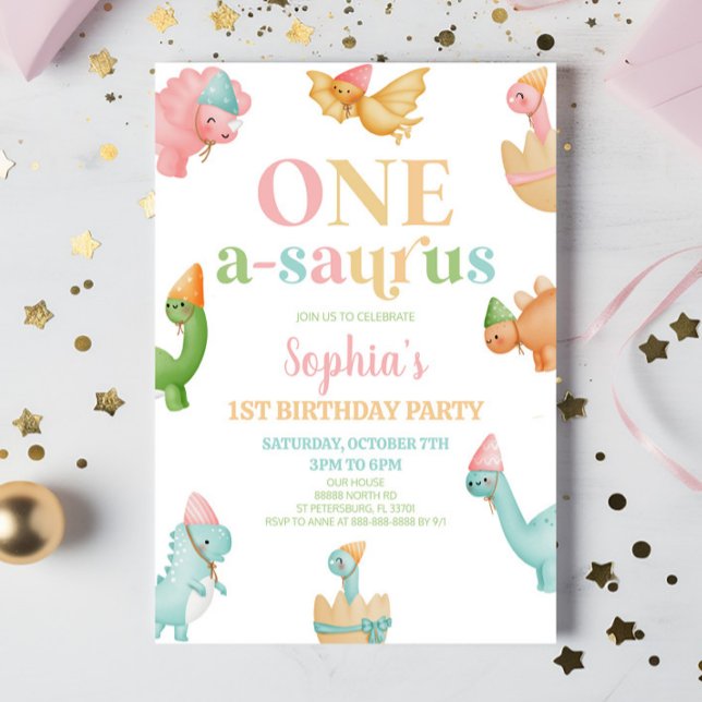 One A-Saurus Dinosaur 1st First Birthday Party Invitation (Creator Uploaded)