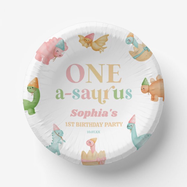One A-Saurus Dinosaur 1st First Birthday Party Paper Plate (Front)