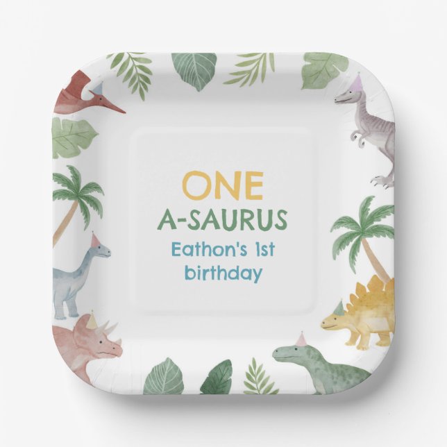 One A Saurus Dinosaur Boy Birthday Square  Paper Plate (Front)