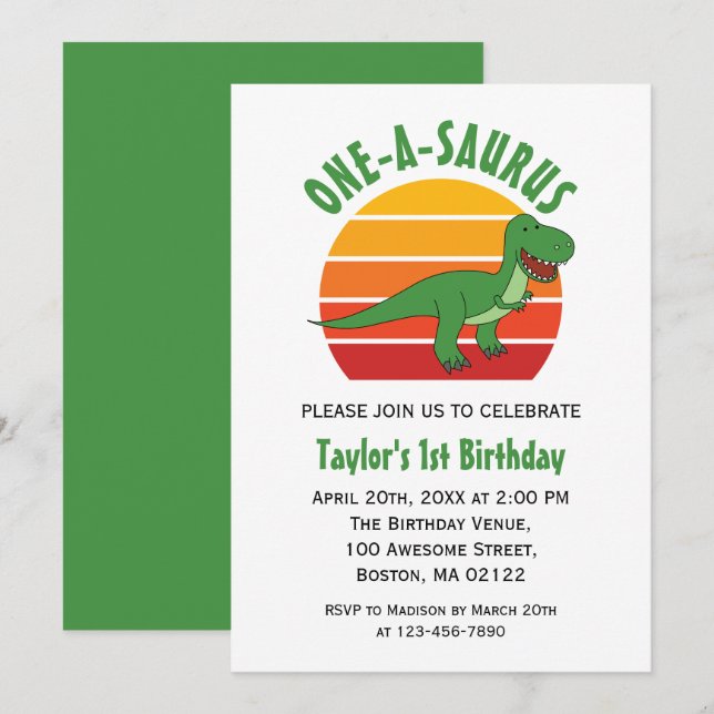 One-A-Saurus Dinosaur Gender Neutral 1st Birthday Invitation (Front/Back)