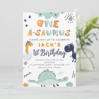 One A - Saurus Kids 1st Birthday Party Invitation