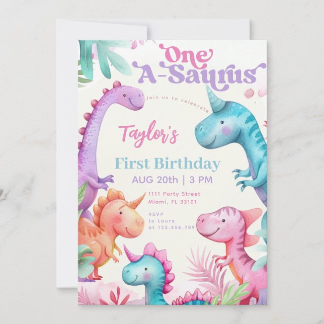 One-A-Saurus Purple Dinosaur Girl First Birthday Invitation (Front)