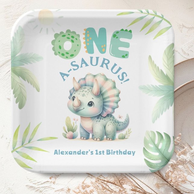 One A-Saurus Triceratops Dinosaur 1st Birthday Paper Plate (Creator Uploaded)