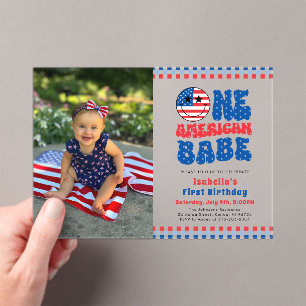 One American Babe 4th Of July Photo First Birthday Acrylic Invitations