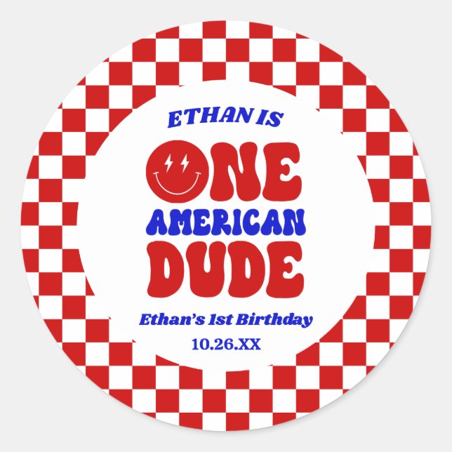 One American Dude 4th of July 1st Birthday Party Classic Round Sticker (Front)
