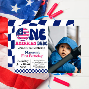 One American Dude Boy 1st Birthday Photo Invitation
