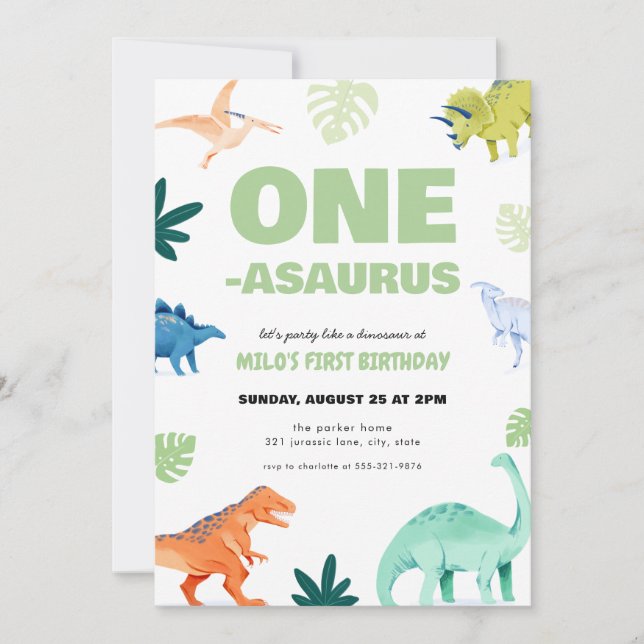 One-Asaurus Dinosaur First Birthday Invitation (Front)