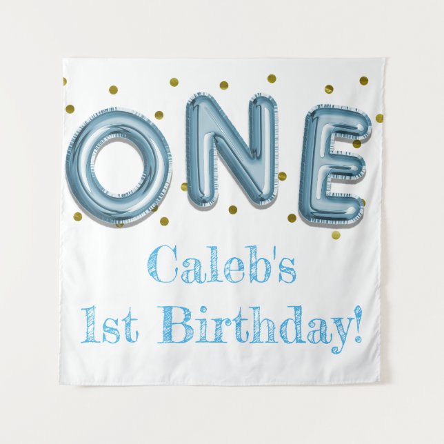 ONE Balloon Blue & Gold Party Photo Backdrop Tapestry (Front)