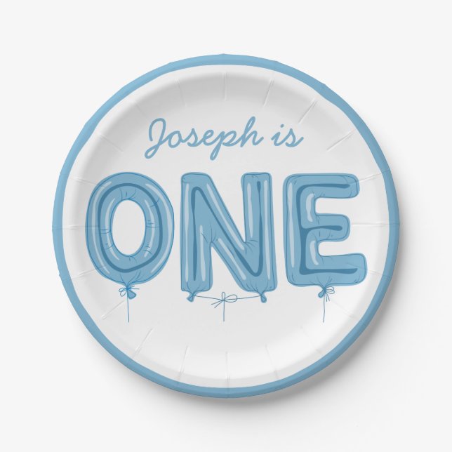ONE Balloon, First Birthday Boy Party Plates (Front)