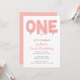 ONE Balloon, First Birthday Girl Invitation