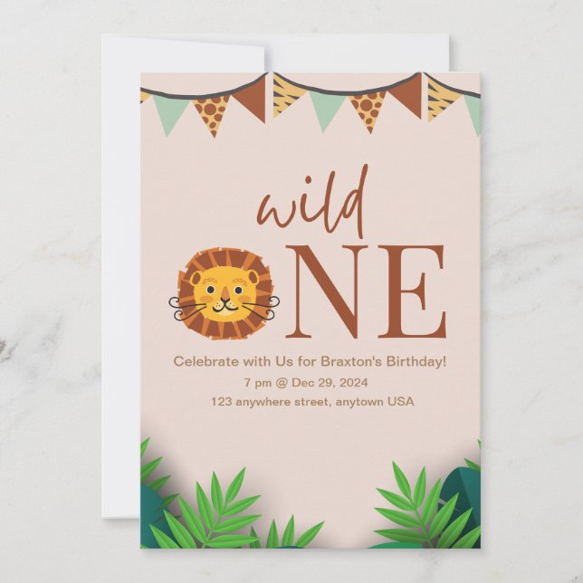 one bday personalised safari  jungle birthday  invitation (Front)