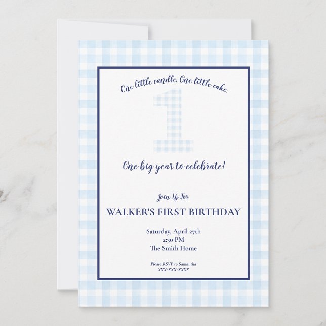ONE Big Year - Classic Blue Gingham Birthday Invit Invitation (Creator Uploaded)