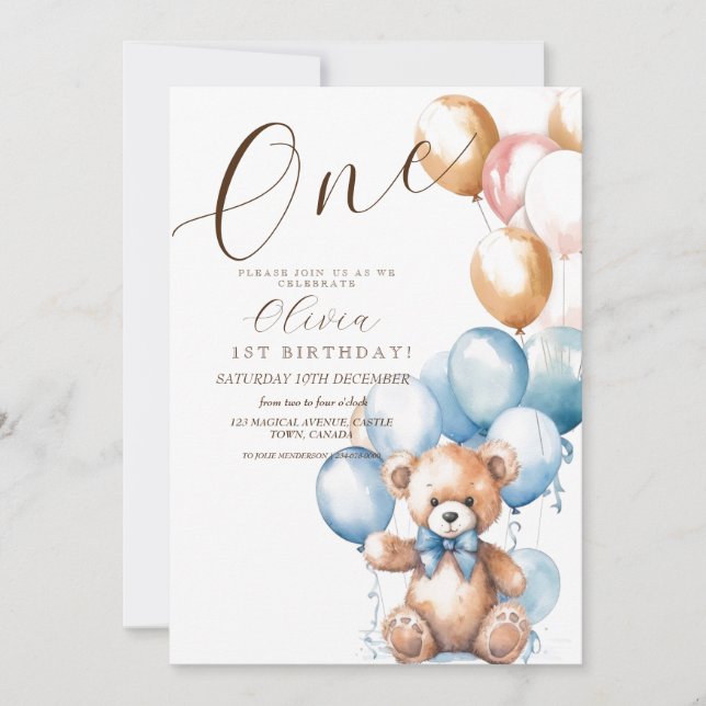 One Birthday Bear Balloons Script Birthday Photo Invitation (Front)