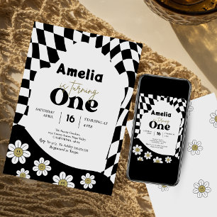 One!   Black Chequered   Gingham   1st birthday  Invitation