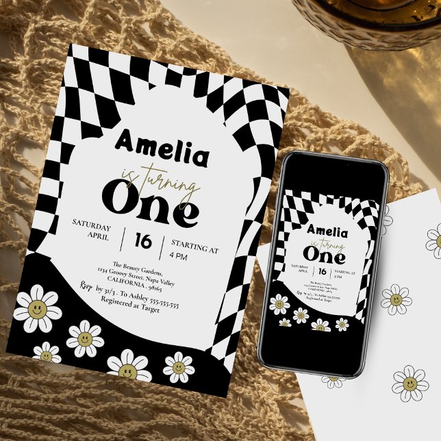 One! | Black Chequered | Gingham | 1st birthday  Invitation (Creator Uploaded)