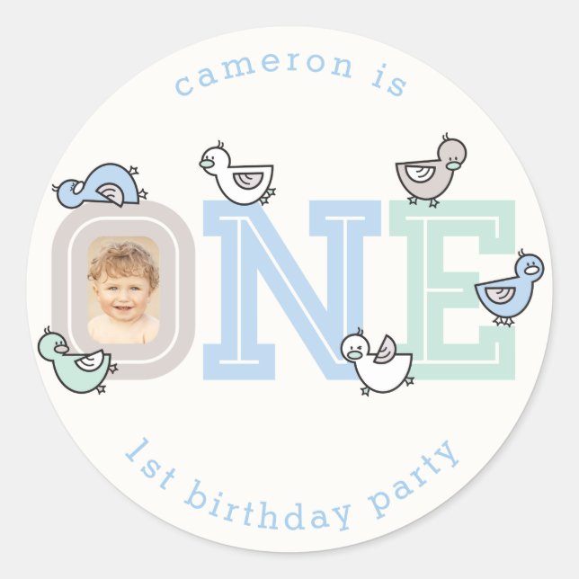 ONE Blue Baby Ducklings 1st Birthday Party Sticker (Front)