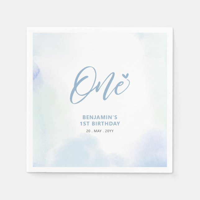 One | Blue Heart & Watercolor Boy 1st Birthday Napkin (Front)