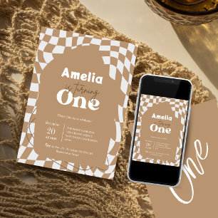 One!   Boho Chequered   Gingham   1st birthday  Invitation
