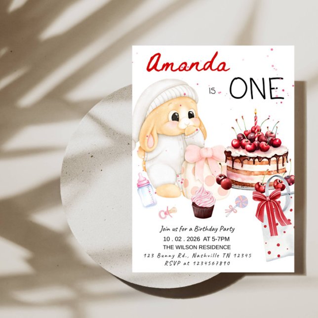 ONE Bunny First Birthday - Baby Girl 1st Birthday Invitation (Creator Uploaded)