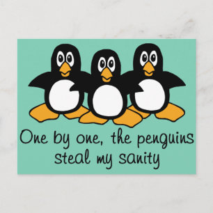 One by One The Penguins Funny Saying Design Postcard