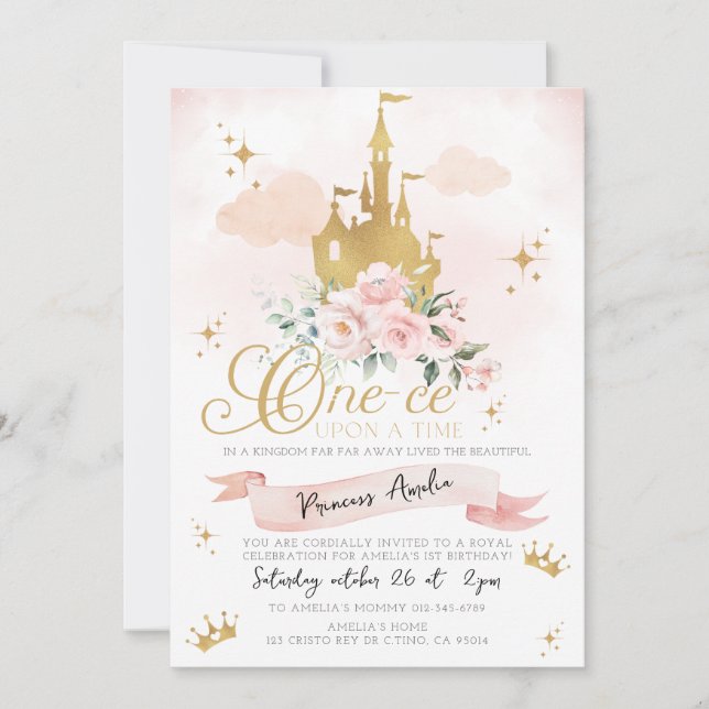 One-ce Upon A Time Princess Castle First Birthday Invitation (Front)