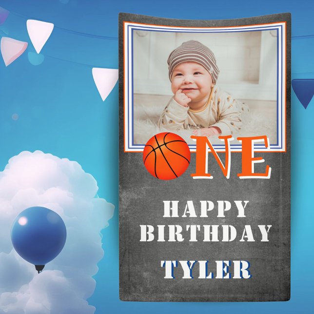 One Chalkboard Basketball Photo 1st Birthday  Banner (Creator Uploaded)