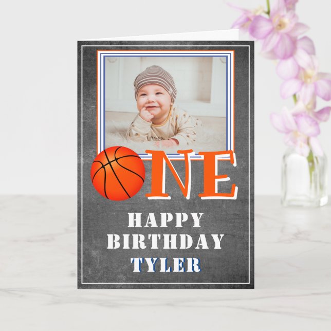One Chalkboard Basketball Photo 1st Birthday  Card (Orchid)