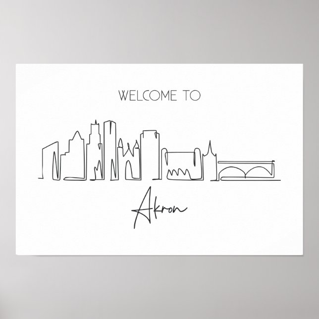 One Continuous Line Drawing Of Akron Skyline  Poster (Front)