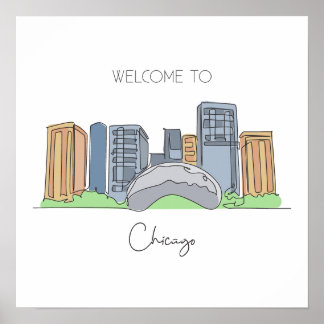 One Continuous Line Drawing of Chicago USA   Poster