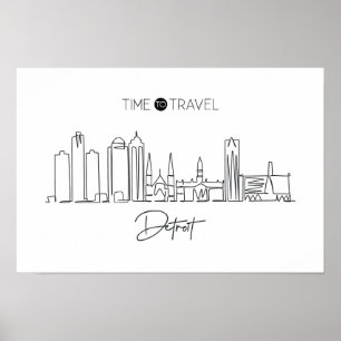 One Continuous Line Drawing Of Detroit Skyline  Poster