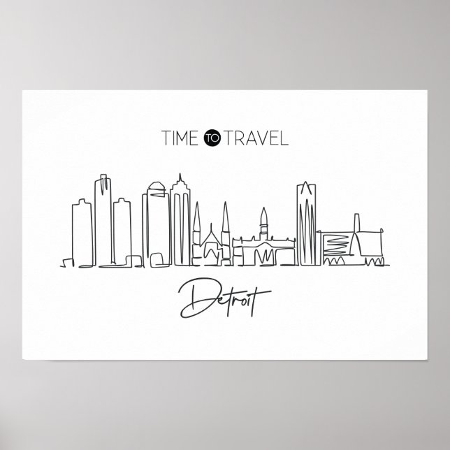 One Continuous Line Drawing Of Detroit Skyline  Poster (Front)
