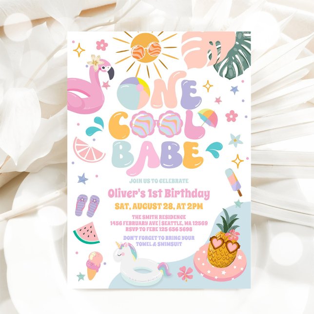 One Cool Babe Pool Party Summer 1st Birthday Invitation (Creator Uploaded)