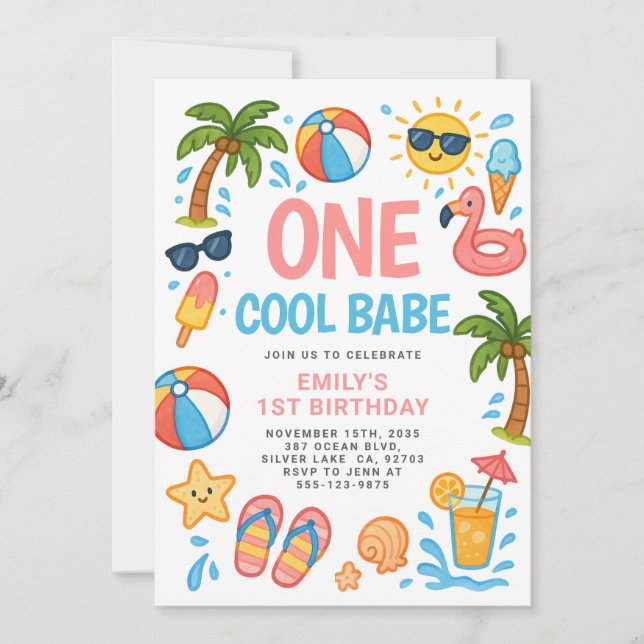 One Cool Babe Tropical 1st Birthday Party Invitation (Front)