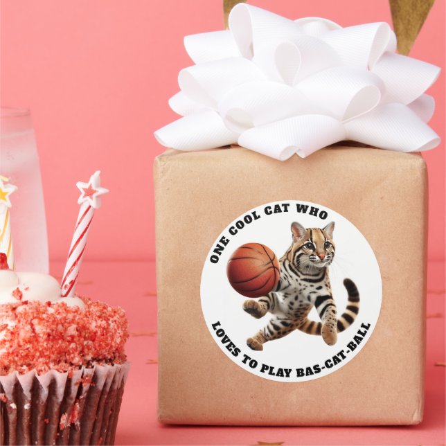 One Cool Cat Who Loves to Play Bas-cat-ball Classic Round Sticker (Party)