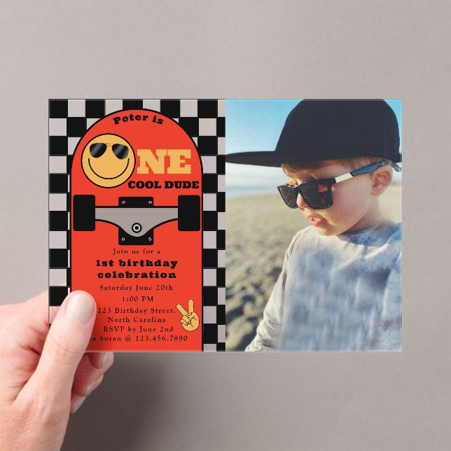 One Cool Dude 1st First Birthday Skateboard Photo Acrylic Invitations (Insitu (Handheld))