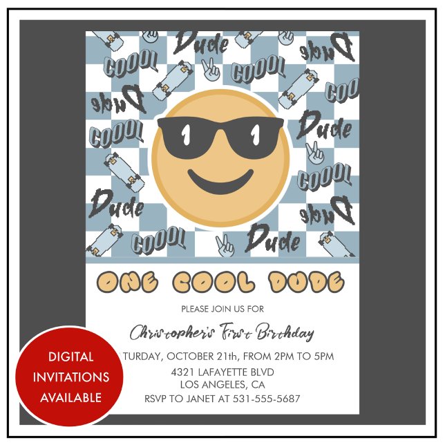 One Cool Dude Birthday Invitation Blue Grey Retro  (Creator Uploaded)