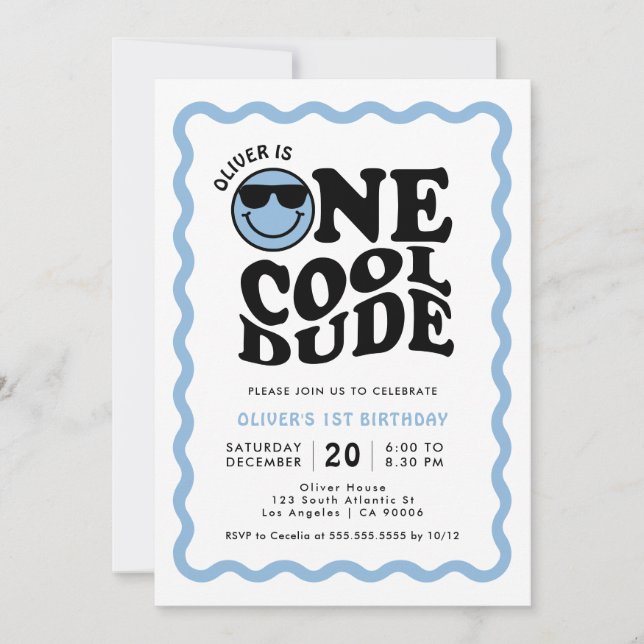 One Cool Dude Blue Happy Face Boy 1st Birthday Invitation (Front)