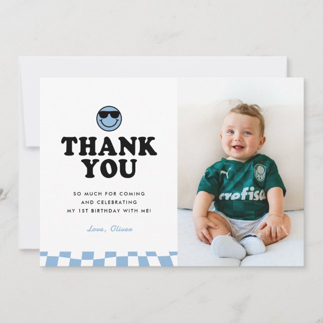 One Cool Dude Blue Happy Photo Boy 1st Birthday Thank You Card (Front)