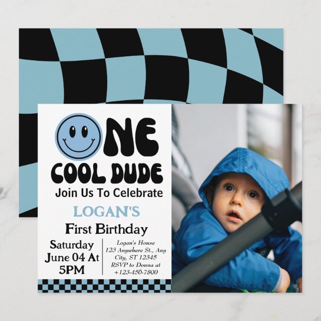 One Cool Dude Boy 1st Birthday Photo Invitation (Front/Back)