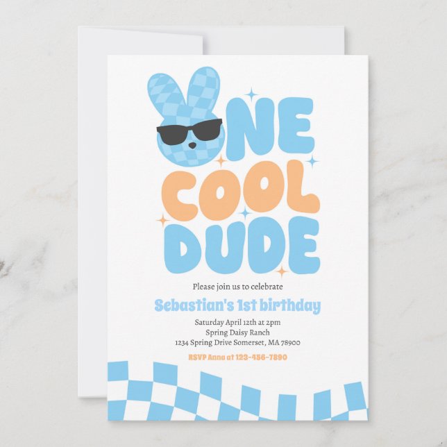 One Cool Dude Boy Spring Bunny 1st Birthday Party Invitation (Front)