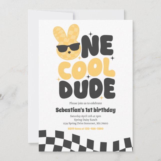 One Cool Dude Boy Spring Bunny 1st Birthday Party Invitation (Front)