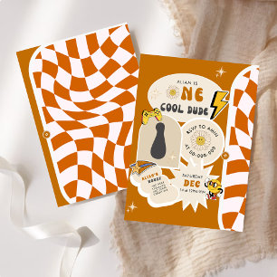 One Cool Dude   Boys 1st Retro Chequered Birthday Invitation