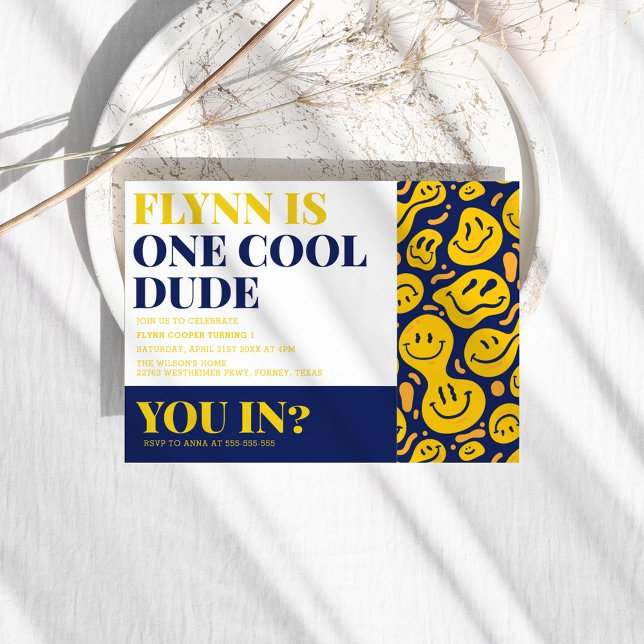 One Cool Dude Happy Face Boy First Birthday Invitation (Creator Uploaded)